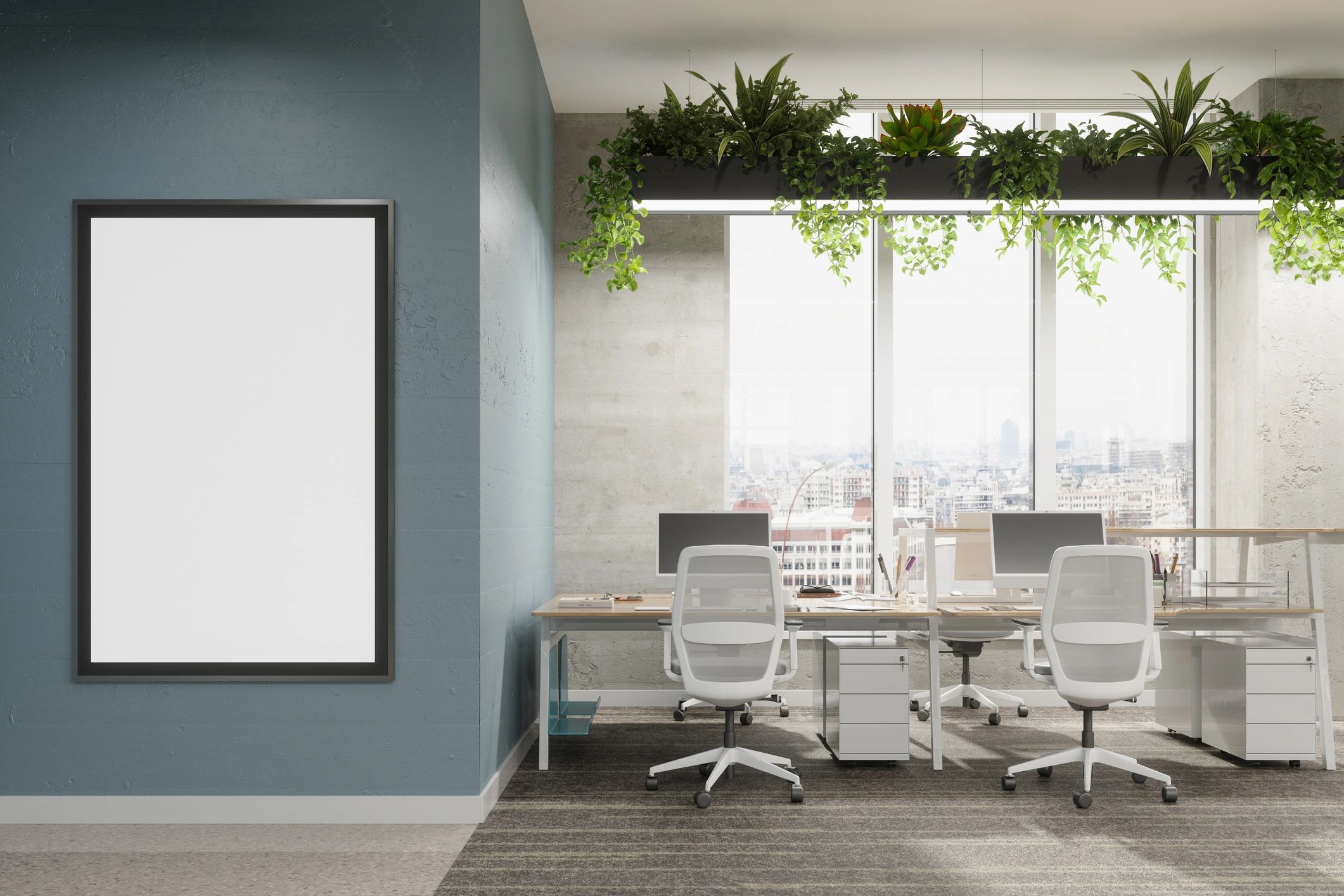 Minimal modern çalışma alanı, açık renkler